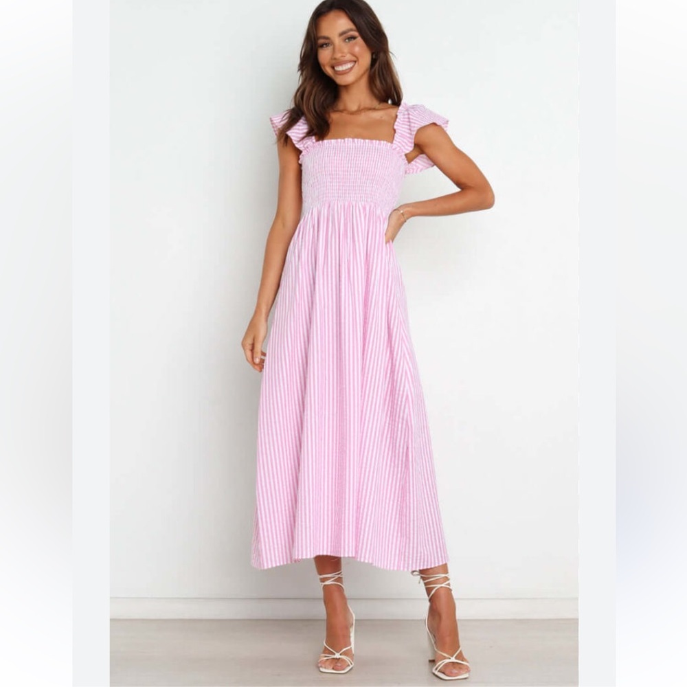 Vintage Pink Striped Smocked Midi Dress